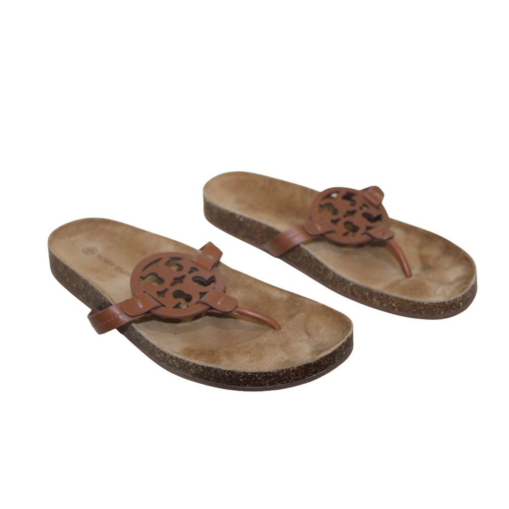 Tory Burch Miller Cloud Sandal Womens 12 Brown Good Leather Cork Logo Thong - Picture 2 of 5